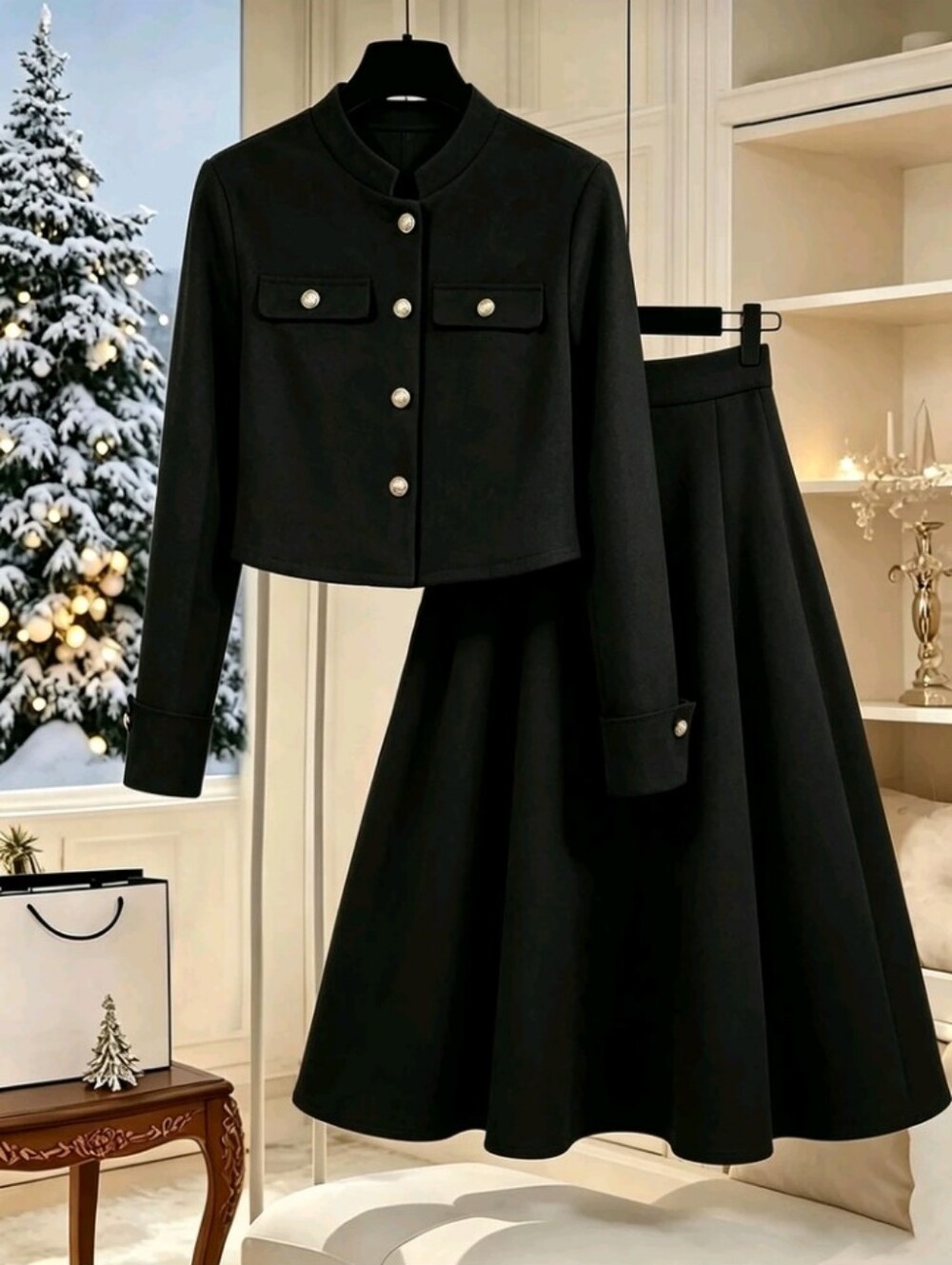Women's Winter Black Button-Up Jacket And Skirt 2-Piece Set, Elegant Outfit